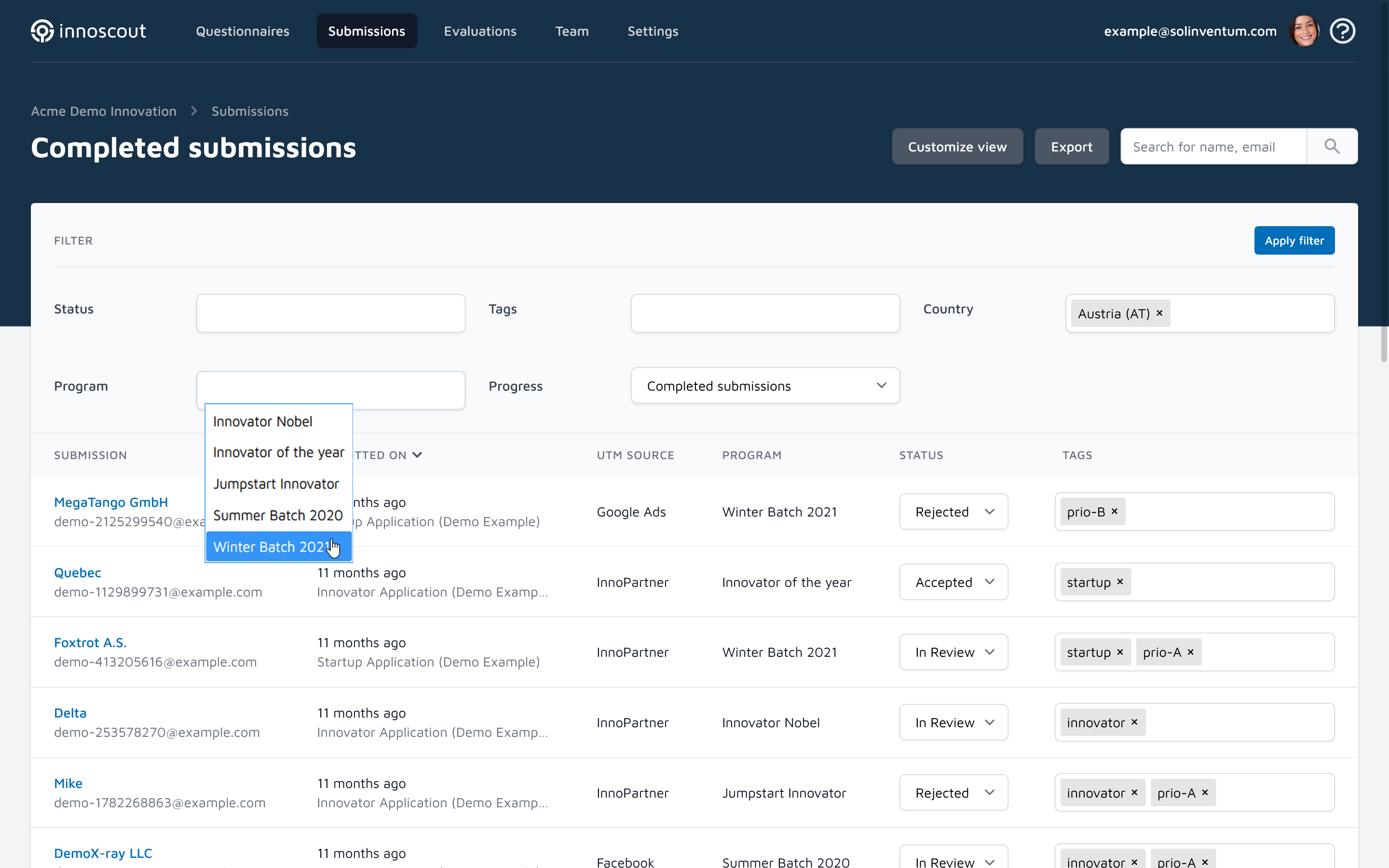 Screenshot of the Innoscout Innovation Scouting Platform